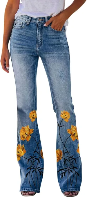 YOLAI Womens Floral Print Bell Bottoms Pants High Waist Flared Denim Trousers Stretch Jeans Pants with Pockets