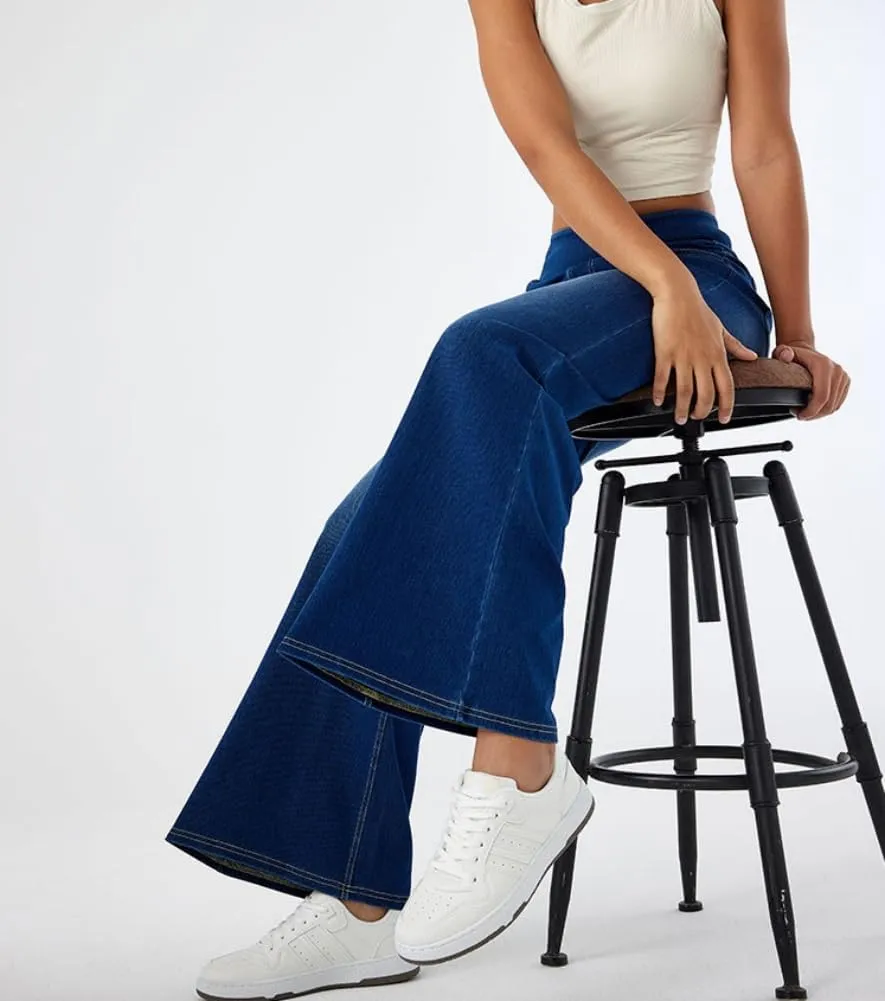 Yollmart Women Wide Leg Jeans Elastic High Waisted Pull On Baggy Denim Pants with Pocket