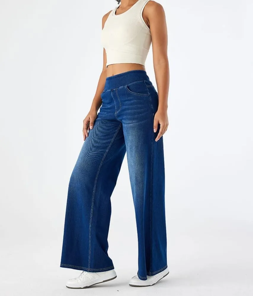 Yollmart Women Wide Leg Jeans Elastic High Waisted Pull On Baggy Denim Pants with Pocket