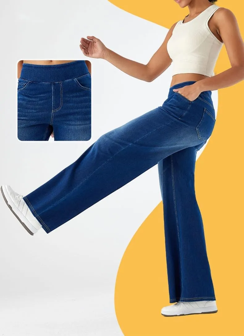 Yollmart Women Wide Leg Jeans Elastic High Waisted Pull On Baggy Denim Pants with Pocket