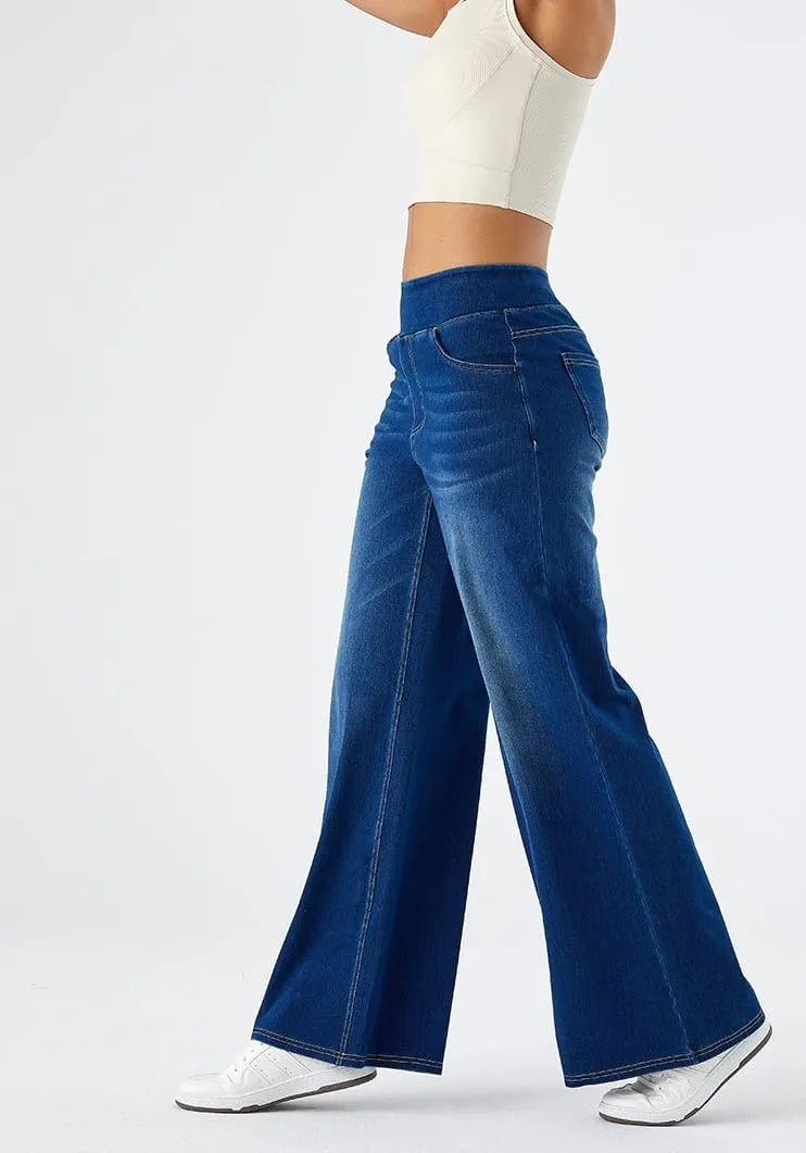 Yollmart Women Wide Leg Jeans Elastic High Waisted Pull On Baggy Denim Pants with Pocket