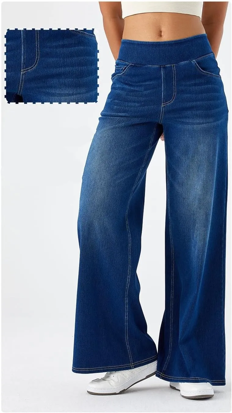 Yollmart Women Wide Leg Jeans Elastic High Waisted Pull On Baggy Denim Pants with Pocket