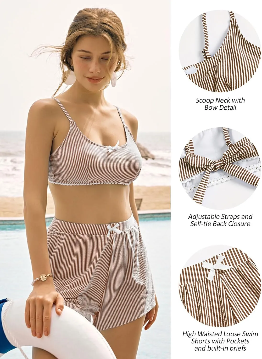 ZAFUL Womens Two Piece Swimsuits with Shorts Cute Striped Bikini Sets Casual Vacation Swimwear