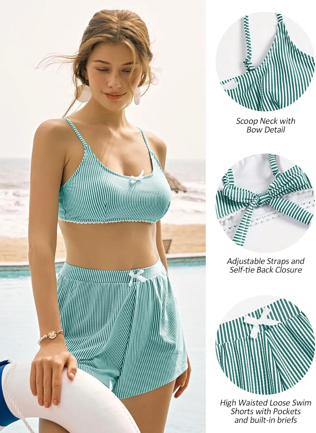 ZAFUL Womens Two Piece Swimsuits with Shorts Cute Striped Bikini Sets Casual Vacation Swimwear