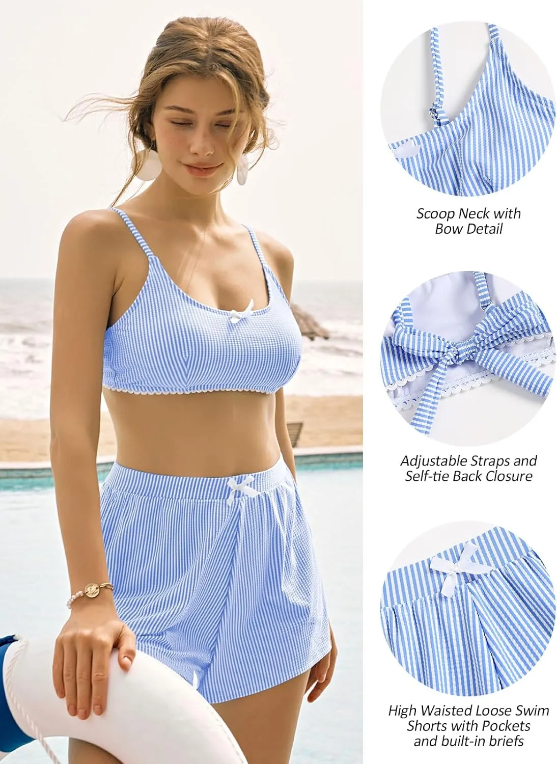 ZAFUL Womens Two Piece Swimsuits with Shorts Cute Striped Bikini Sets Casual Vacation Swimwear