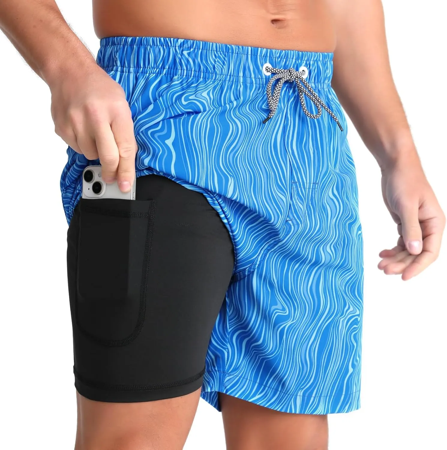 zeetoo Mens Swim Trunks with Compression Liner 5" Inseam Quick Dry Beach Shorts with Zipper Pockets