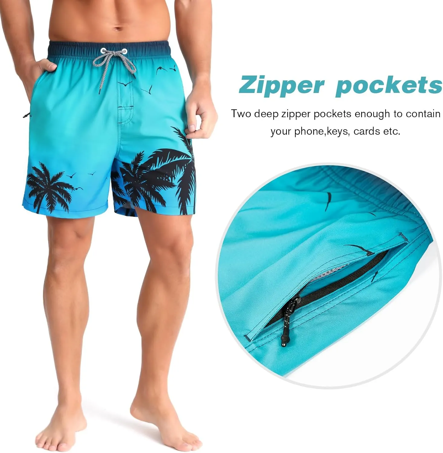 zeetoo Mens Swim Trunks with Compression Liner 5" Inseam Quick Dry Beach Shorts with Zipper Pockets