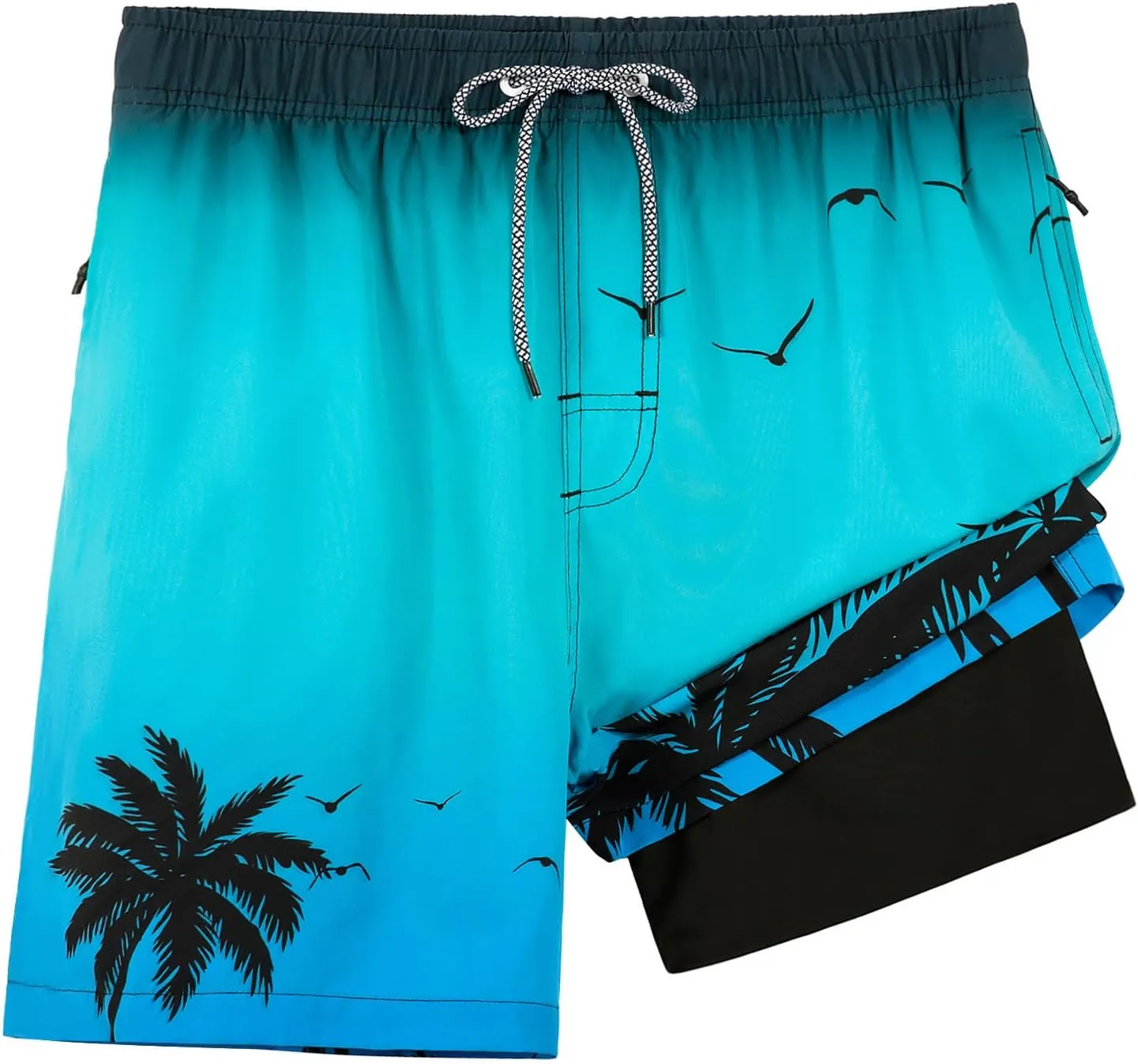 zeetoo Mens Swim Trunks with Compression Liner 5" Inseam Quick Dry Beach Shorts with Zipper Pockets