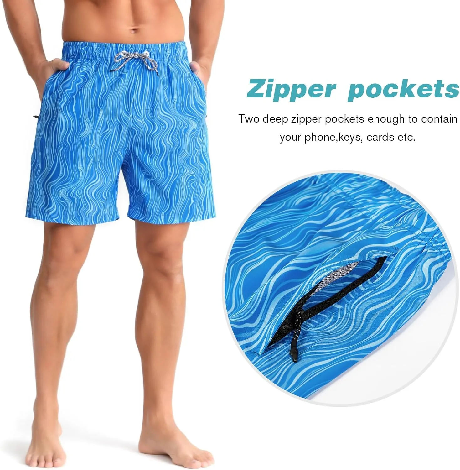 zeetoo Mens Swim Trunks with Compression Liner 5" Inseam Quick Dry Beach Shorts with Zipper Pockets