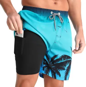 zeetoo Mens Swim Trunks with Compression Liner 5" Inseam Quick Dry Beach Shorts with Zipper Pockets