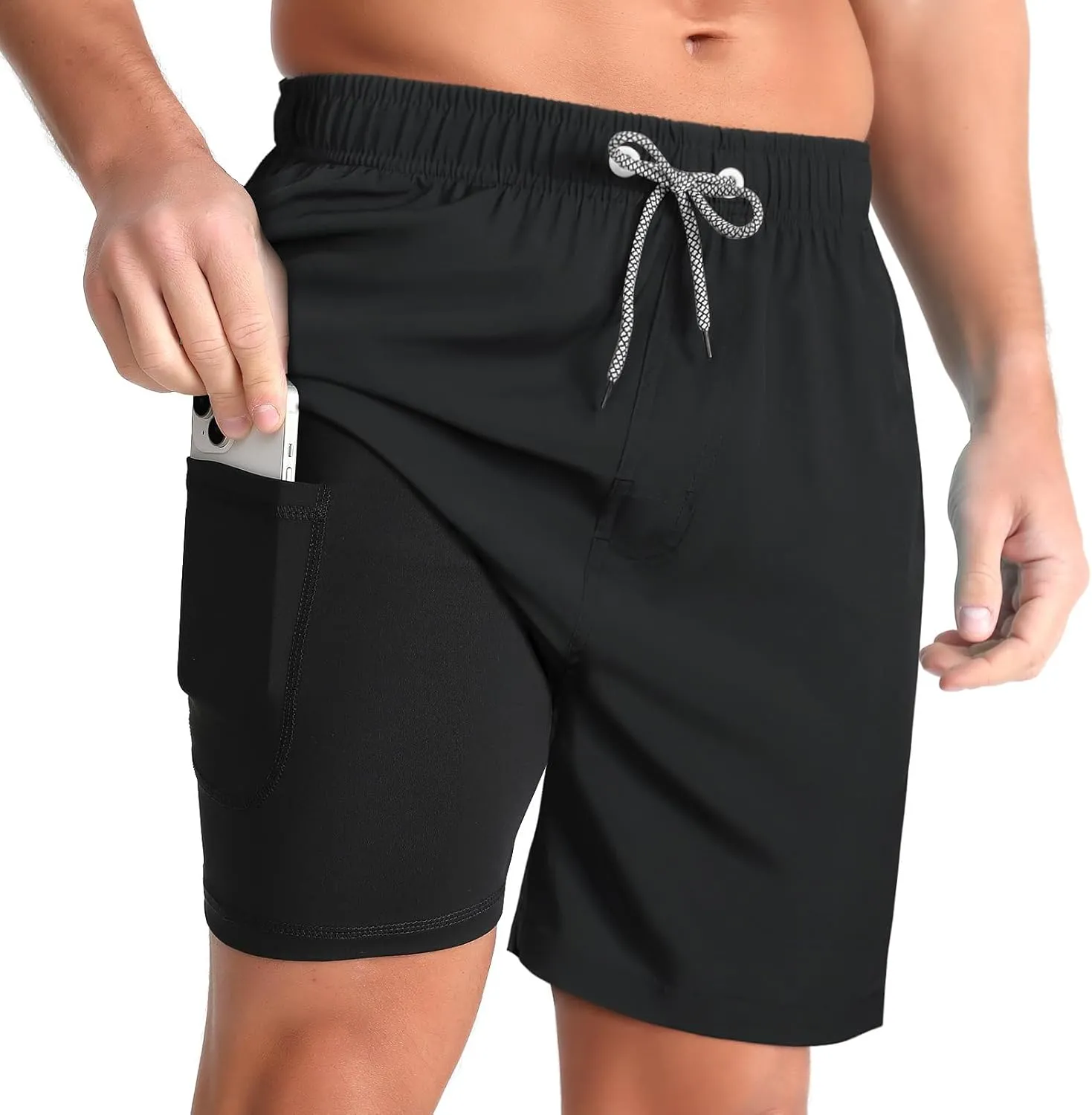 zeetoo Mens Swim Trunks with Compression Liner 5" Inseam Quick Dry Beach Shorts with Zipper Pockets