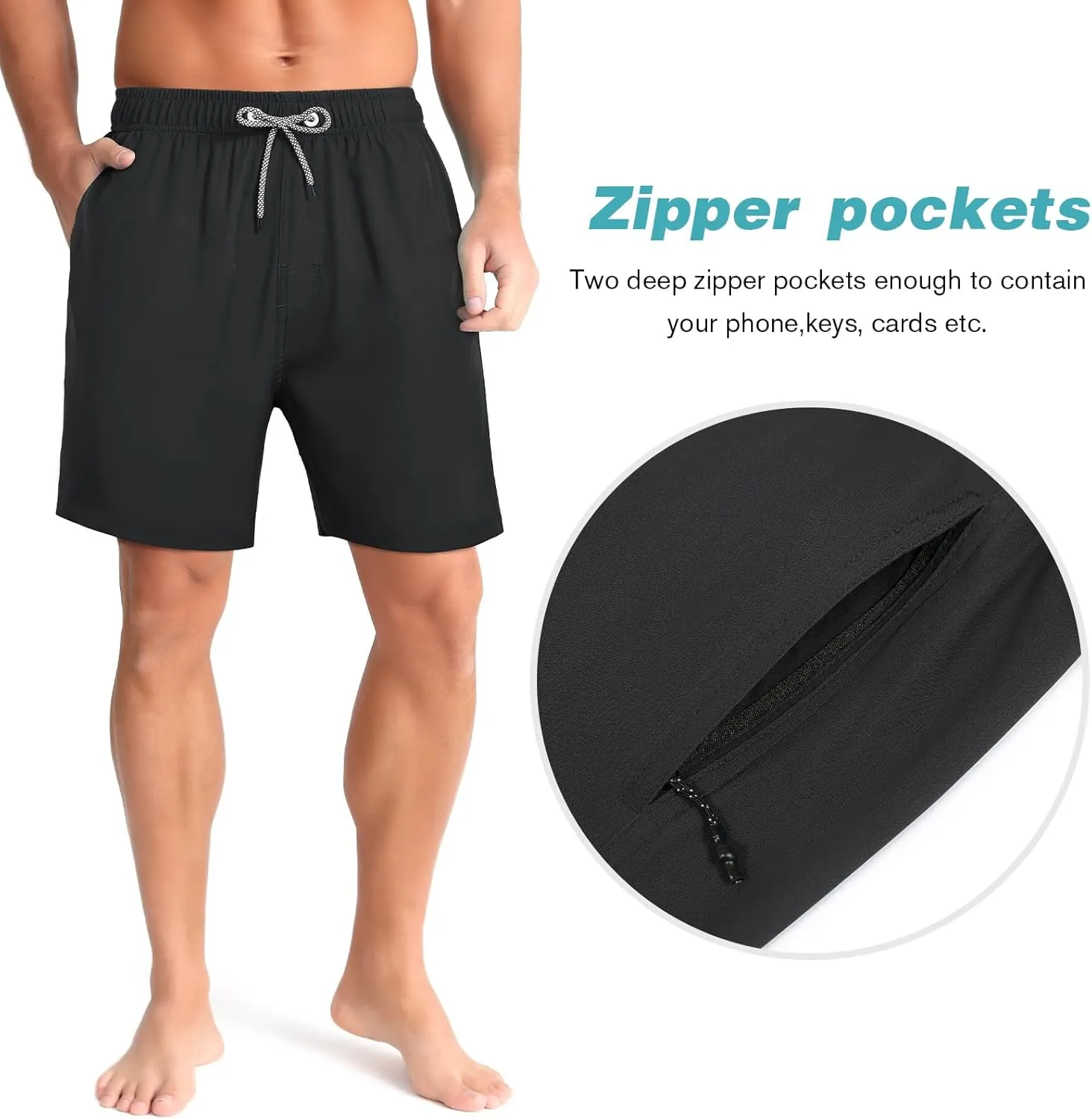 zeetoo Mens Swim Trunks with Compression Liner 5" Inseam Quick Dry Beach Shorts with Zipper Pockets