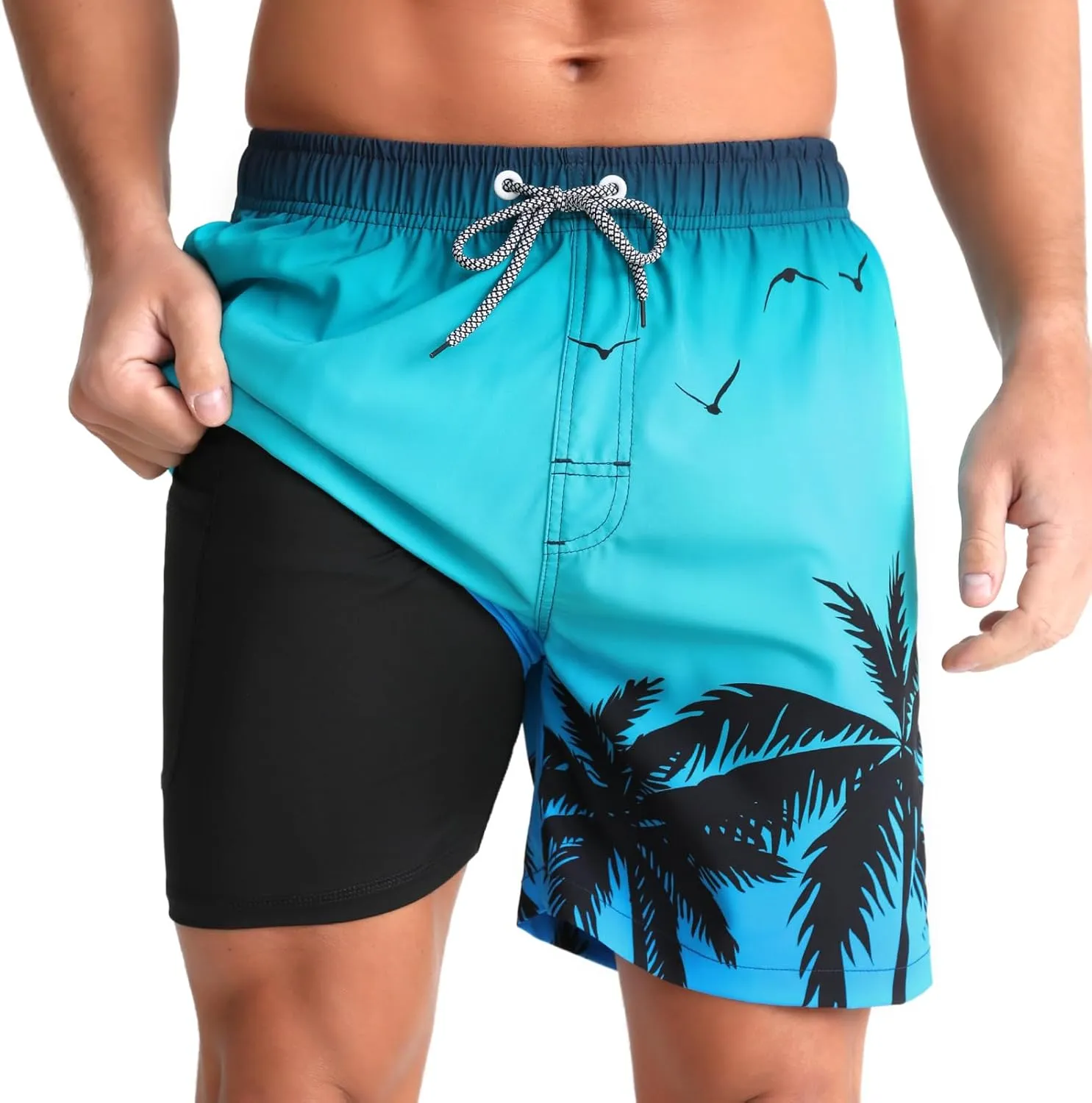 zeetoo Mens Swim Trunks with Compression Liner 5" Inseam Quick Dry Beach Shorts with Zipper Pockets
