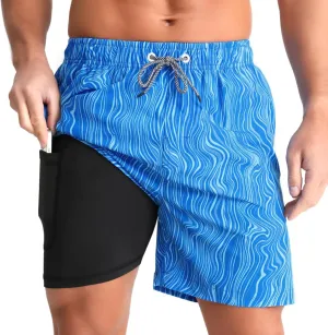 zeetoo Mens Swim Trunks with Compression Liner 5" Inseam Quick Dry Beach Shorts with Zipper Pockets