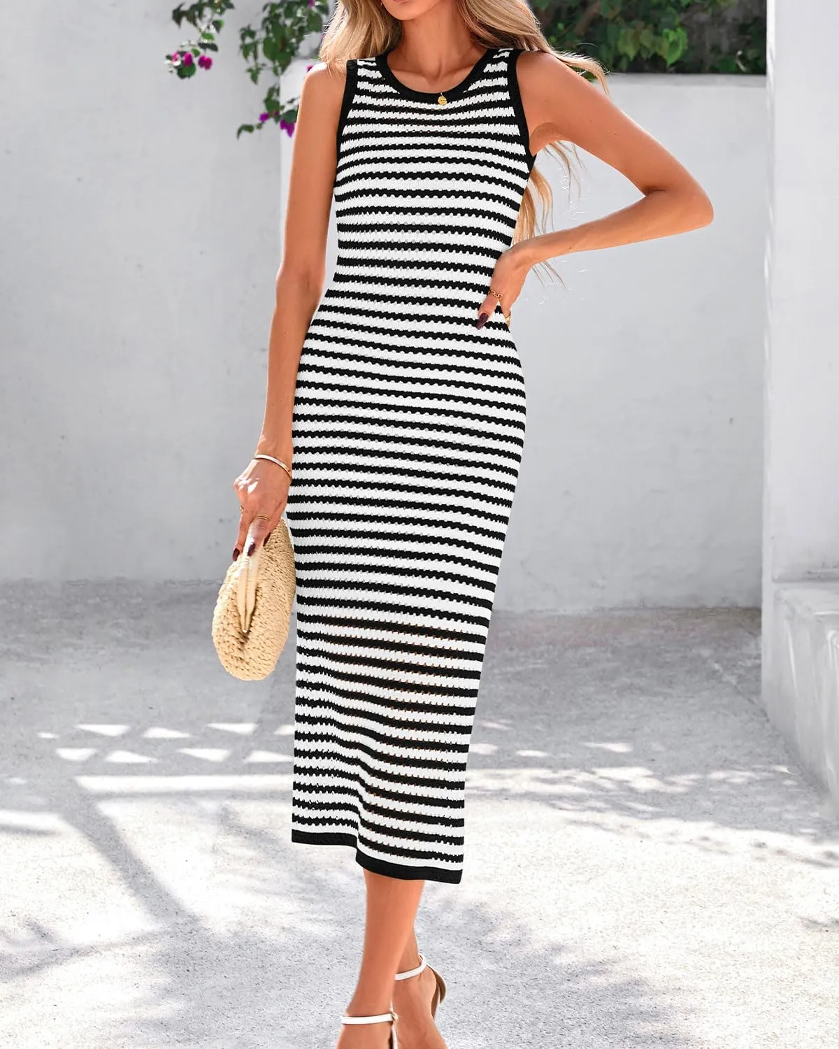 Zenlonr Women's Sleeveless Summer Dresses 2025 Casual Crochet Knit Sundress Striped Long Tank Dress Beach Slip Dress