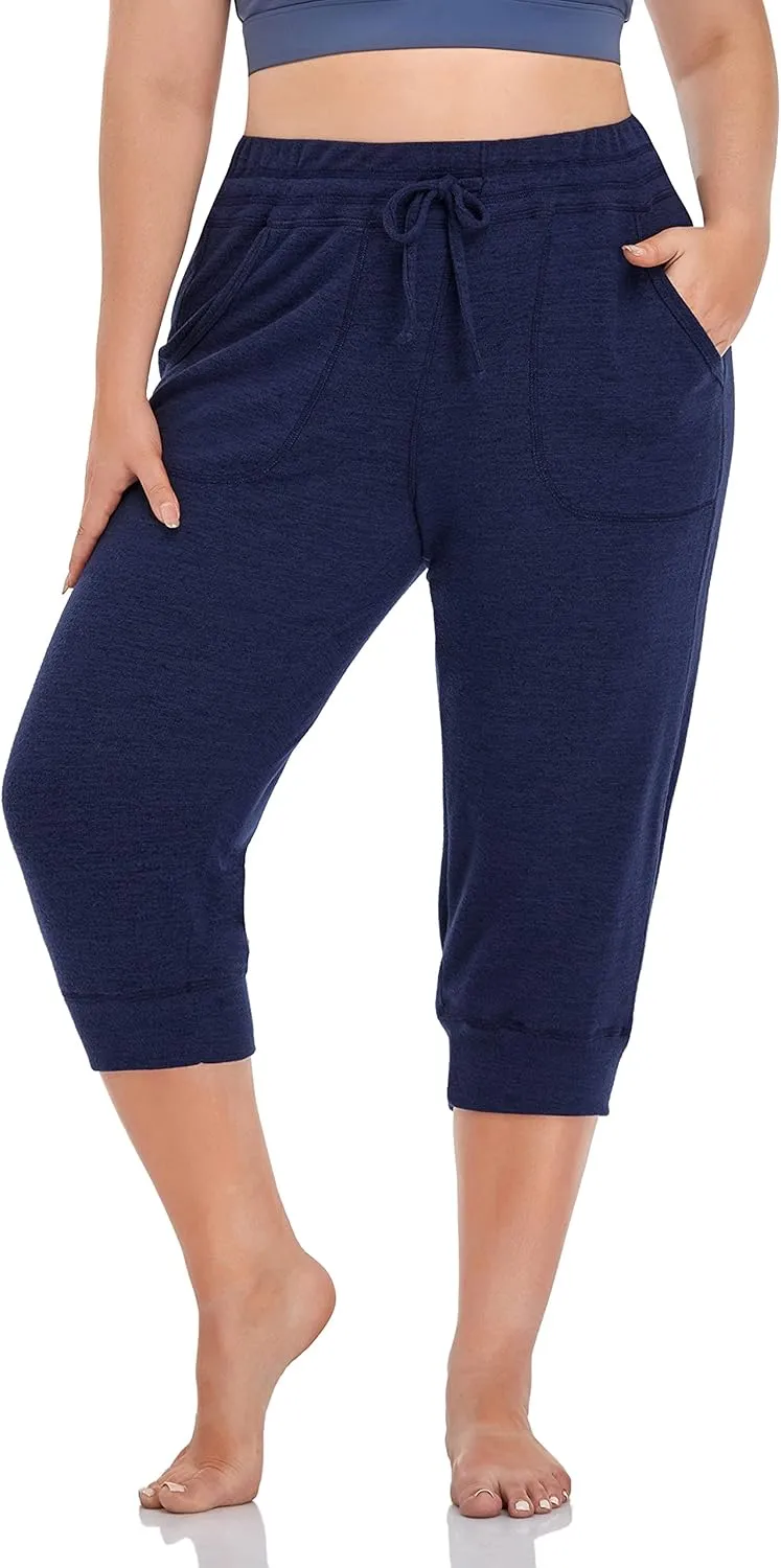 ZERDOCEAN Women's Plus Size Active Casual Yoga Lounge Indoor Capris Athletic Walking Pajama Pants with Pockets