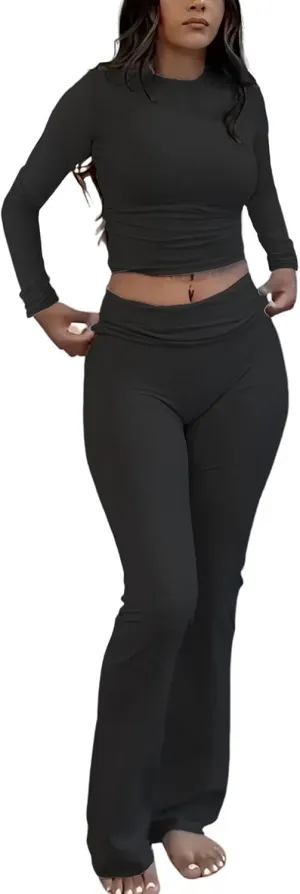ZFLM Casual Workout Two Piece Outfits Long Sleeve High Waist Fold-Over Flared Leggings Pants Tracksuit Sets Streetwear