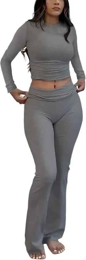 ZFLM Casual Workout Two Piece Outfits Long Sleeve High Waist Fold-Over Flared Leggings Pants Tracksuit Sets Streetwear