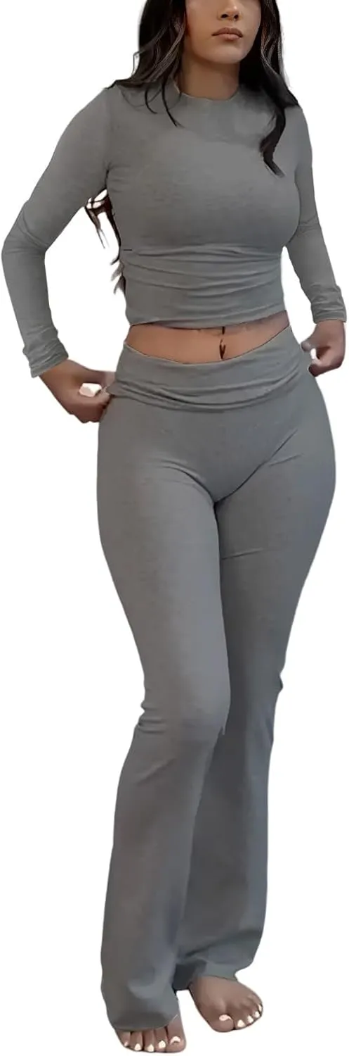 ZFLM Casual Workout Two Piece Outfits Long Sleeve High Waist Fold-Over Flared Leggings Pants Tracksuit Sets Streetwear
