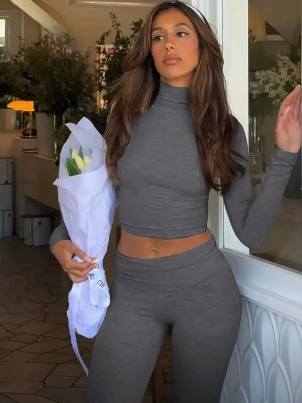 ZFLM Casual Workout Two Piece Outfits Long Sleeve High Waist Fold-Over Flared Leggings Pants Tracksuit Sets Streetwear