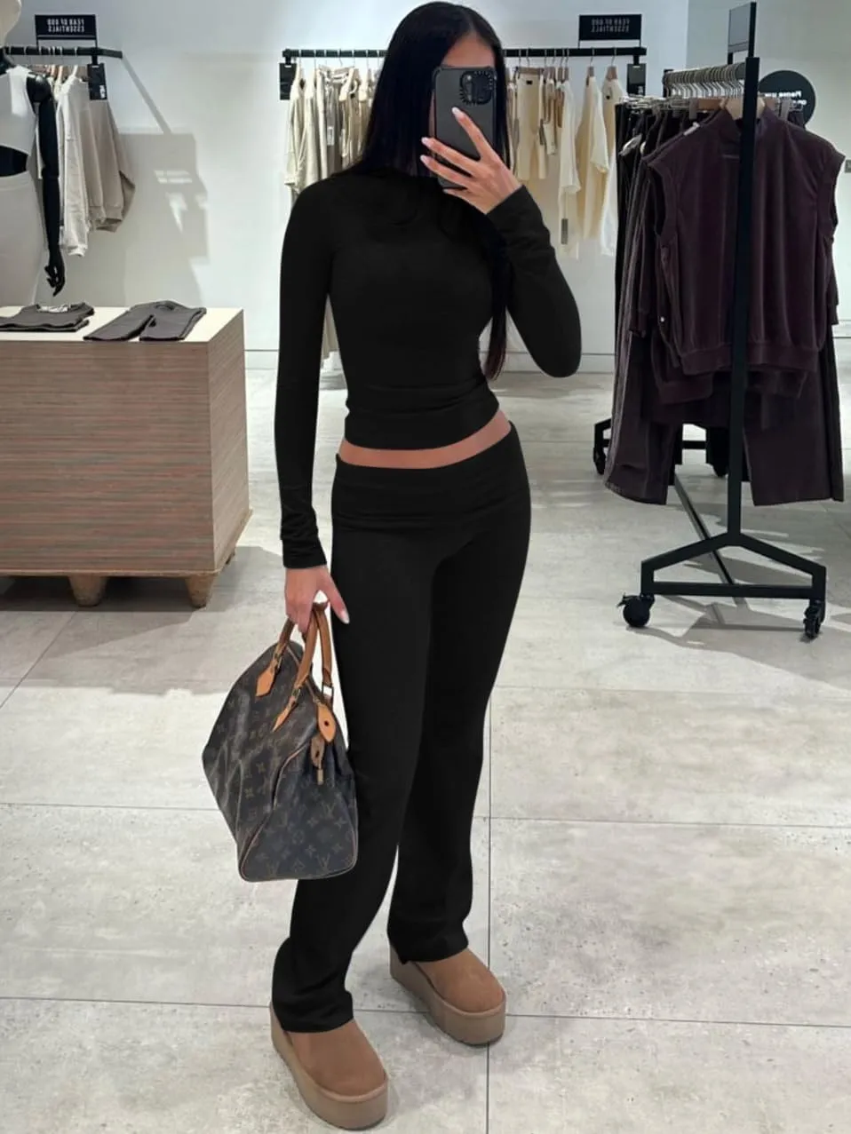 ZFLM Casual Workout Two Piece Outfits Long Sleeve High Waist Fold-Over Flared Leggings Pants Tracksuit Sets Streetwear