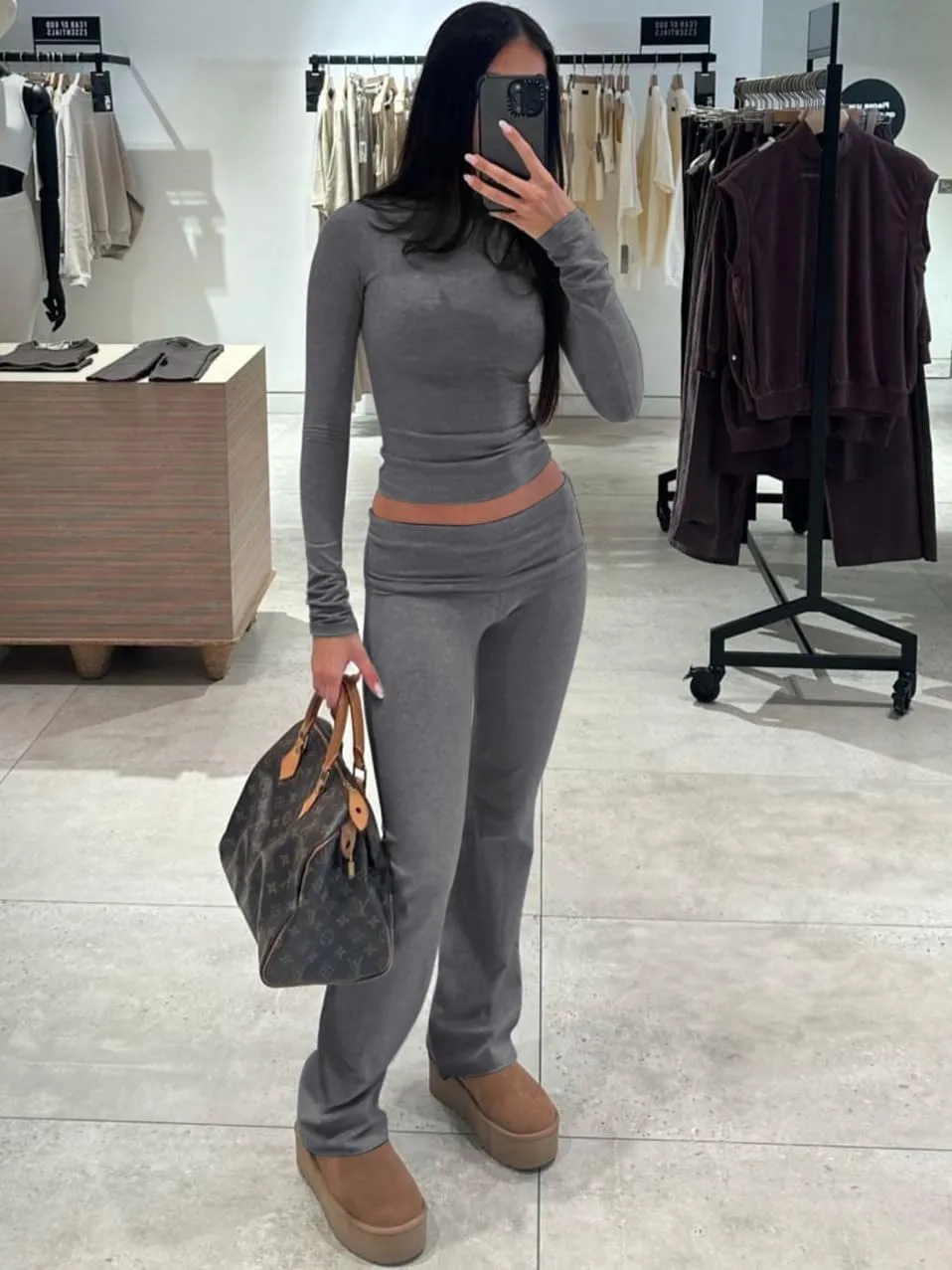 ZFLM Casual Workout Two Piece Outfits Long Sleeve High Waist Fold-Over Flared Leggings Pants Tracksuit Sets Streetwear
