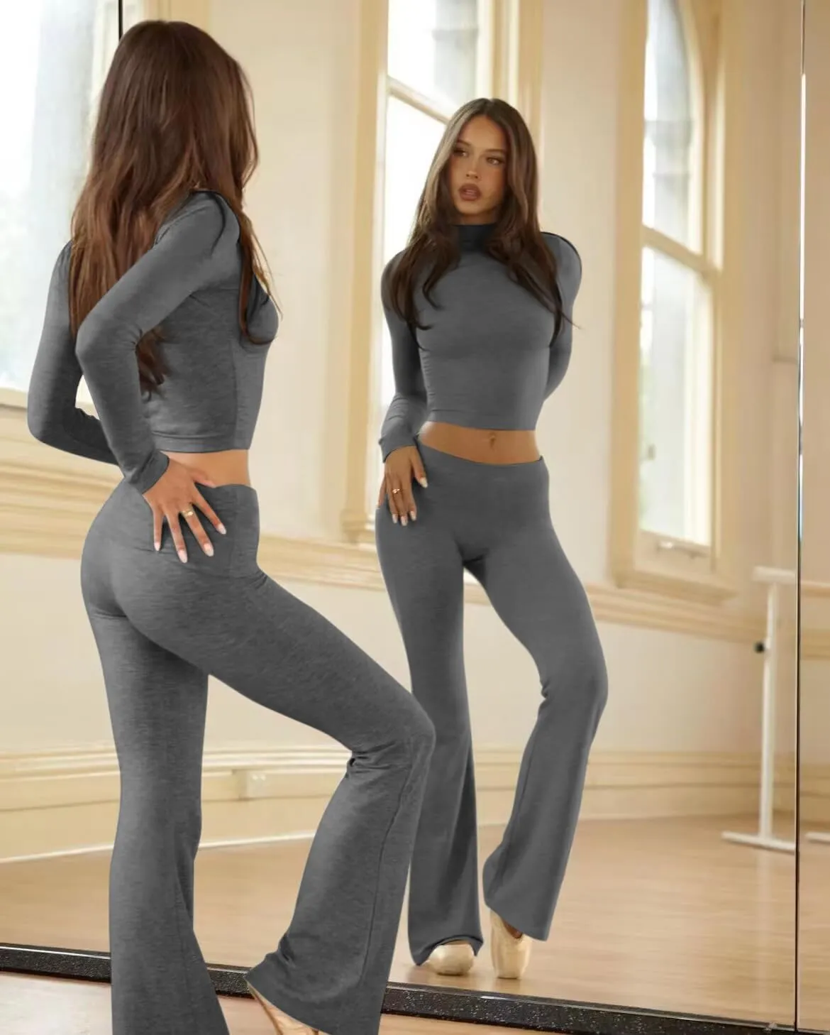ZFLM Casual Workout Two Piece Outfits Long Sleeve High Waist Fold-Over Flared Leggings Pants Tracksuit Sets Streetwear
