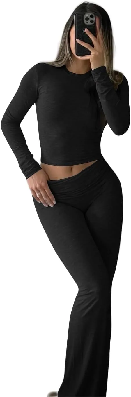 ZFLM Casual Workout Two Piece Outfits Long Sleeve High Waist Fold-Over Flared Leggings Pants Tracksuit Sets Streetwear